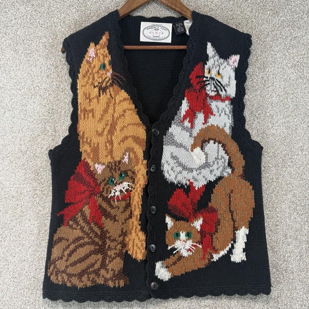 Vintage Eagles Eye Sweater Vest Knit Cats Red Bows Sz M Grannycore Cottagecore